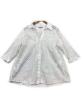 Jones Studio Women's Button Down Eyelet Shirt 3/4 Sleeve Size 1X White Solid